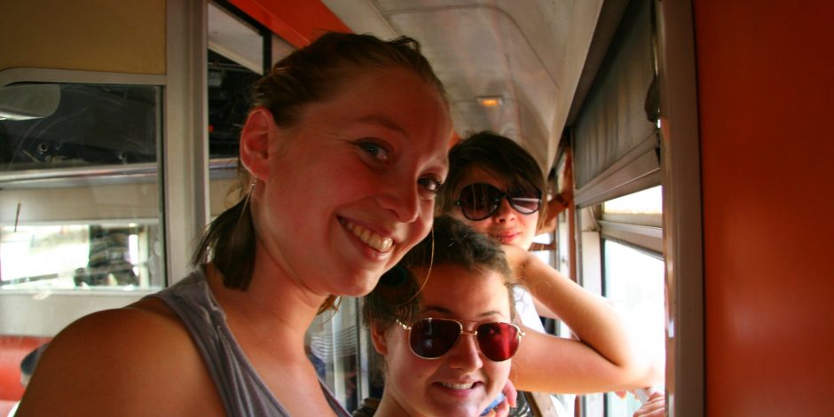 three tourists women in moroccan train