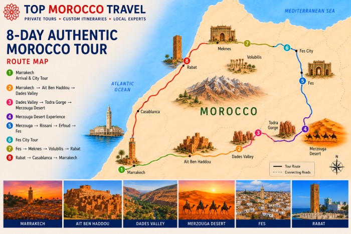 8-day Authentic Morocco Tour route map from Marrakech through Ait Ben Haddou, Merzouga, Fes, Meknes, Volubilis, Rabat, and Casablanca.