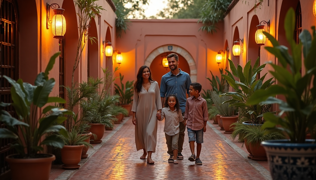 Moroccan family walking outside a lantern-lit riad courtyard