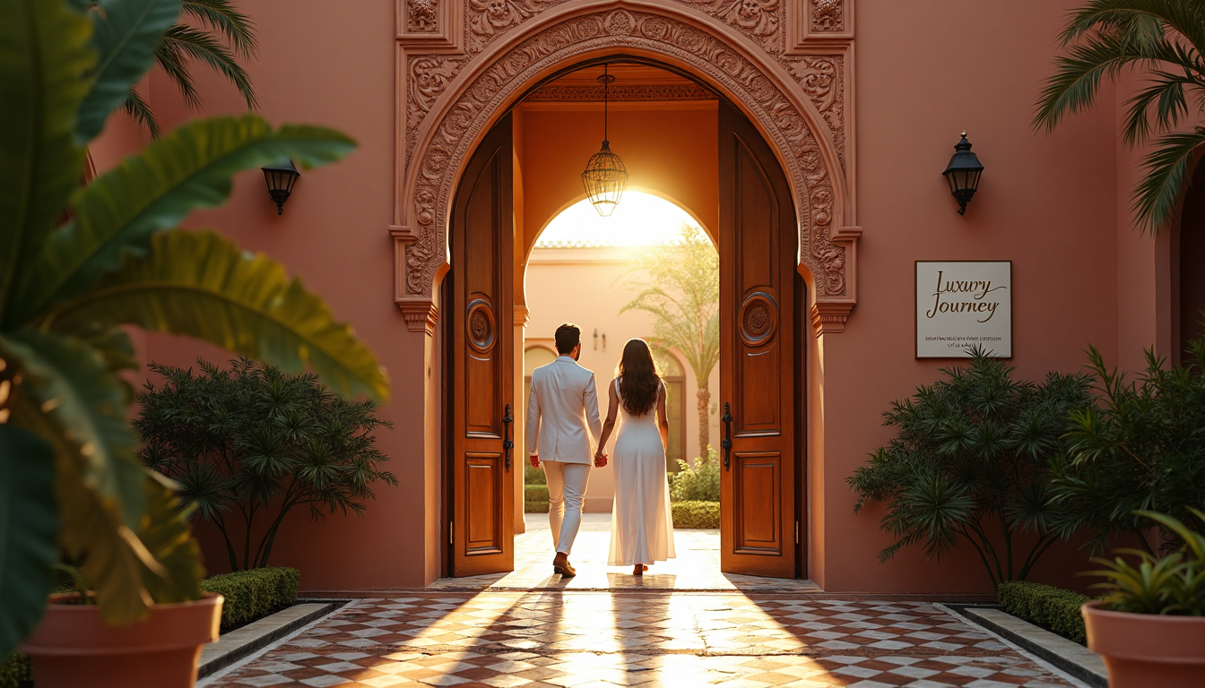 Elegant couple greeted at luxury Marrakech riad entrance as sun sets