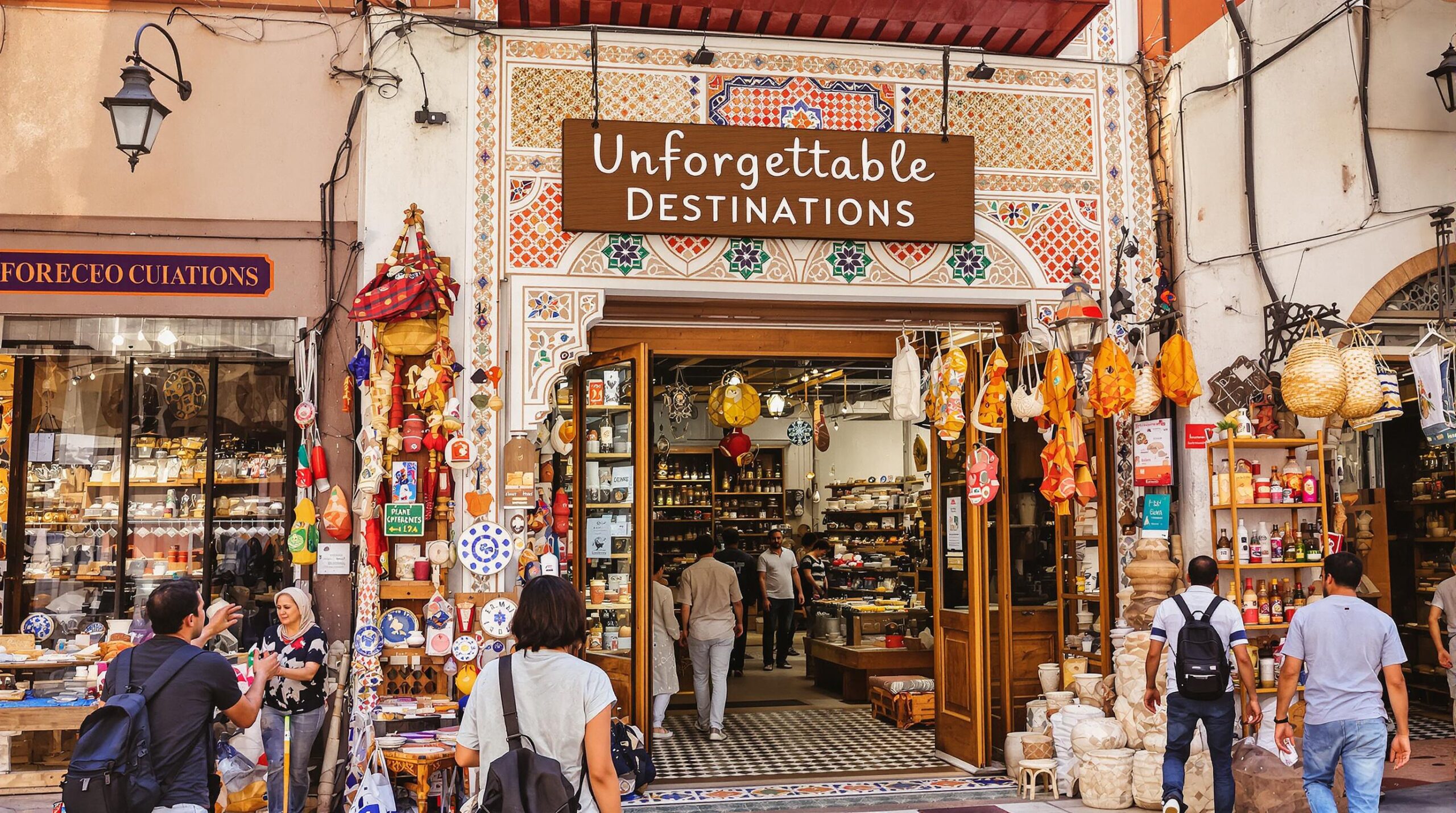 Lively Moroccan medina street scene with travelers and 'Unforgettable Destinations' on sign
