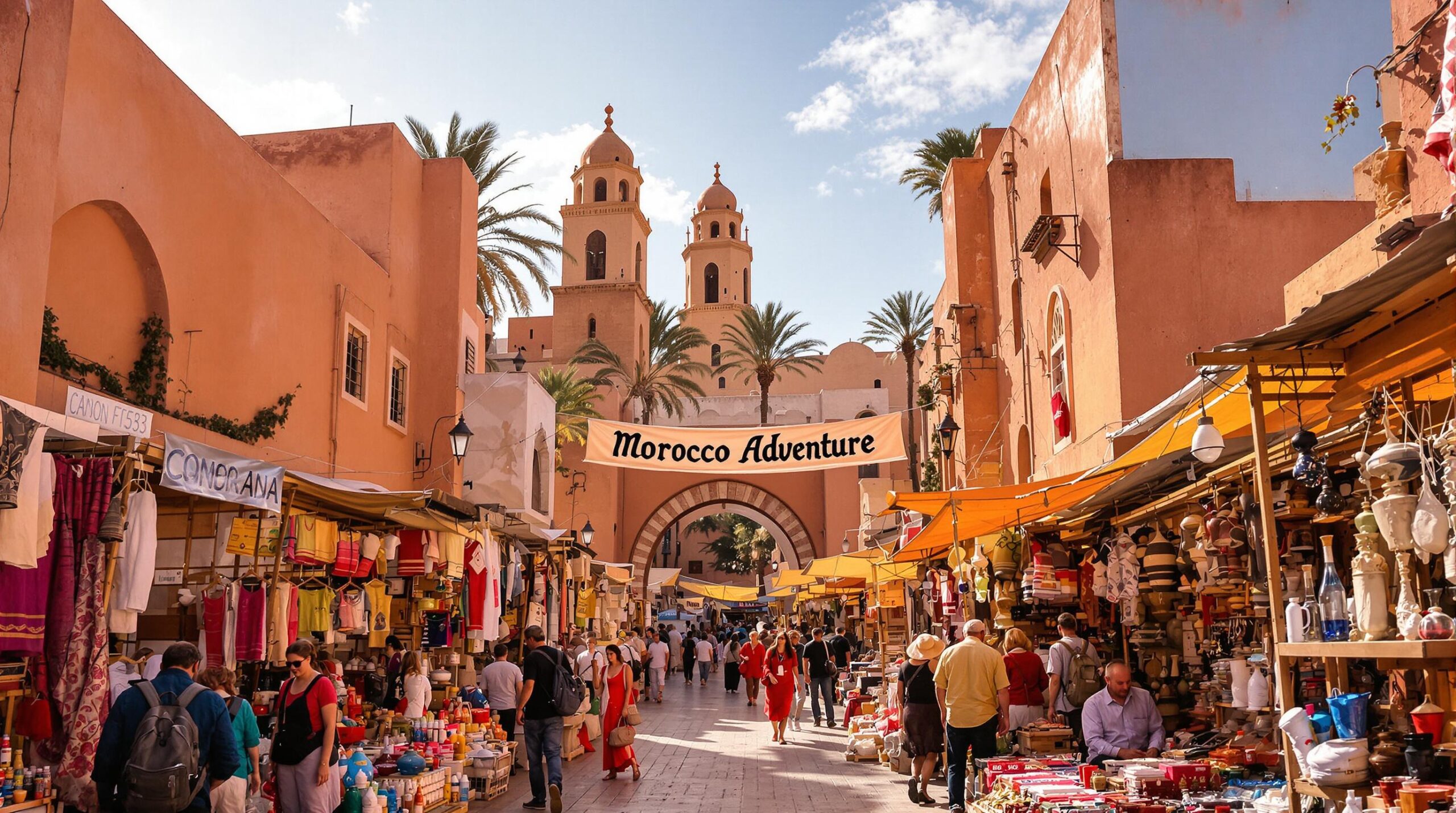 Travelers and locals interacting in a sunrise Moroccan medina market with Morocco Adventure text on a fabric banner