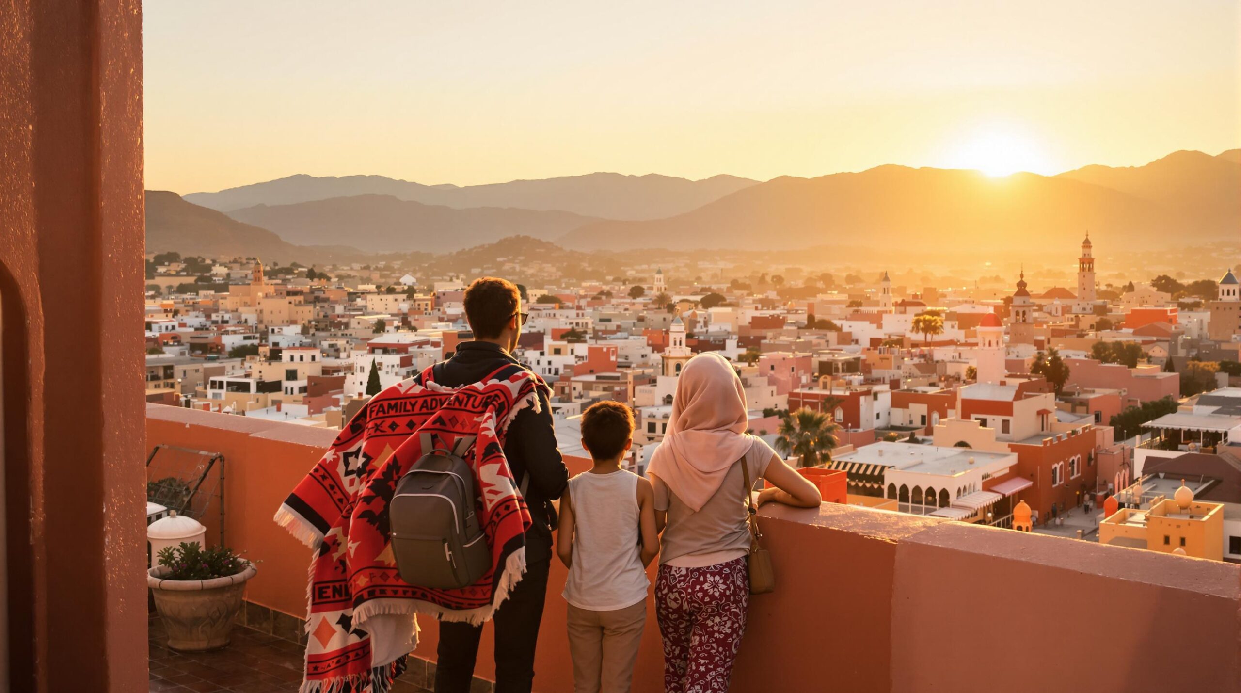 Family enjoying Morocco sunrise city rooftop view together