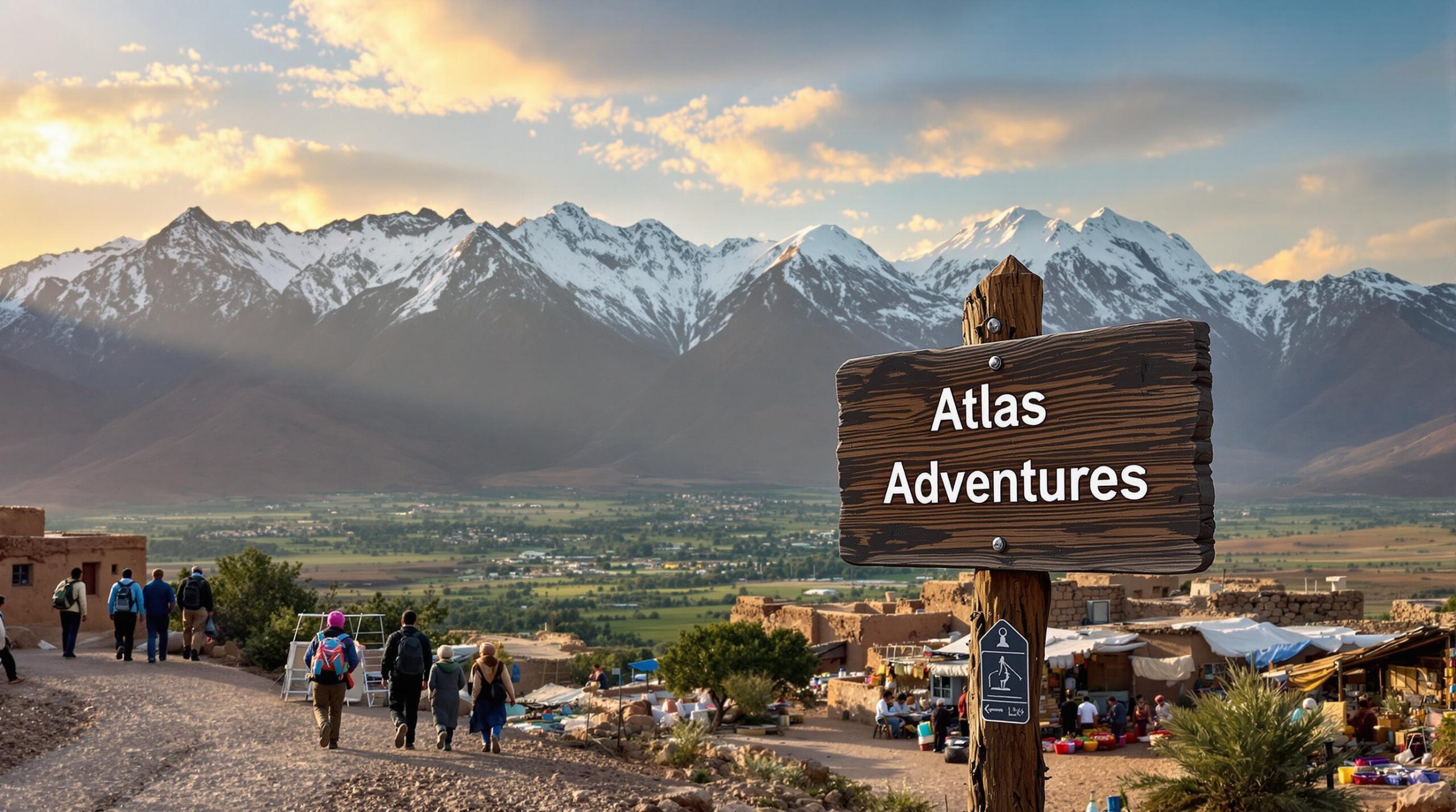 Hikers approaching Berber village in Atlas Mountains at sunrise