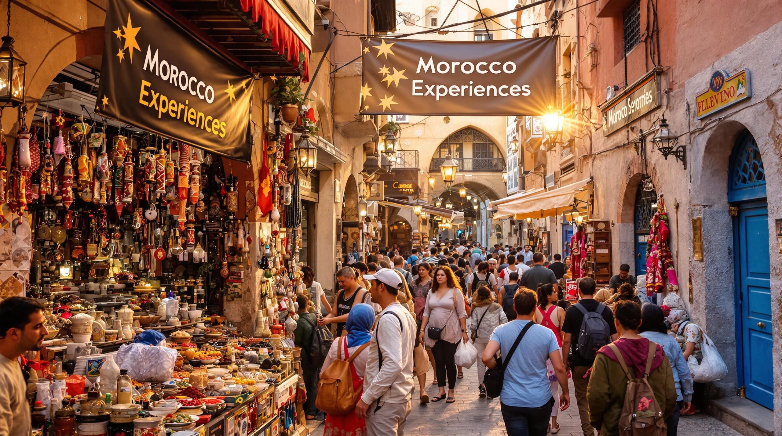 Travelers exploring vibrant Moroccan medina at sunset with market stalls and decorative archway