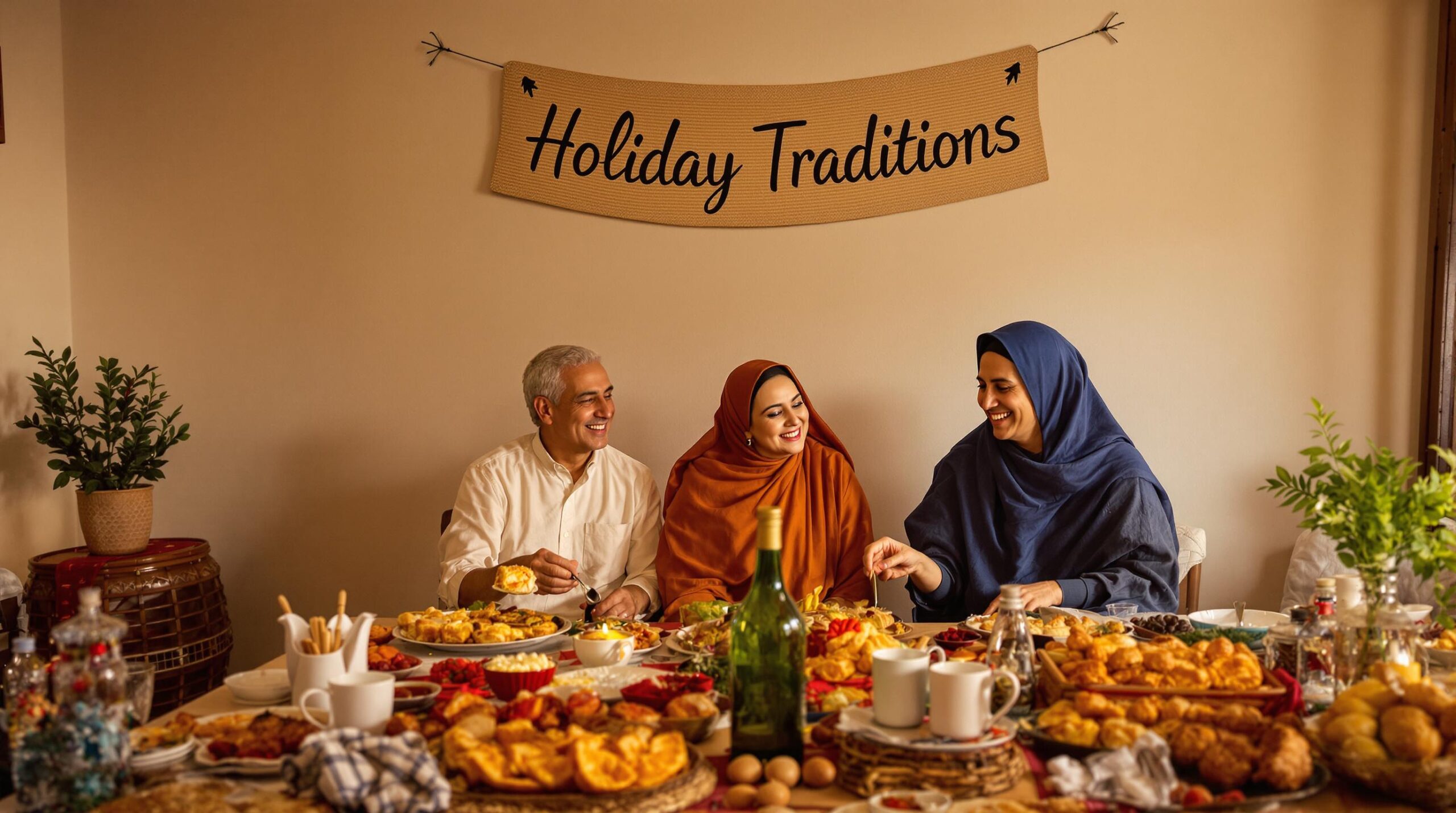 Moroccan family celebrating at home with festive meal and decorations