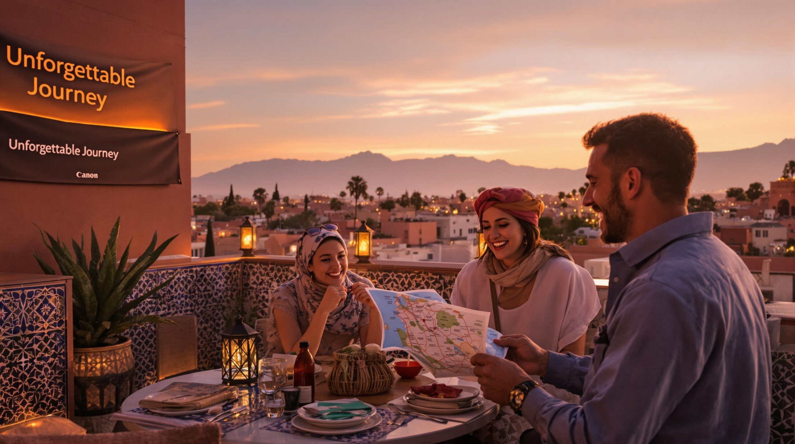 Travelers on a Marrakech rooftop at sunrise planning desert journey