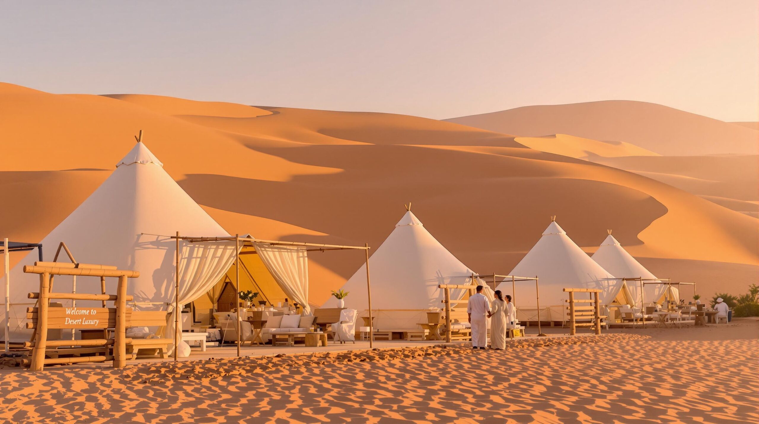 Luxury Moroccan desert camp with sunrise, tents, and welcoming staff