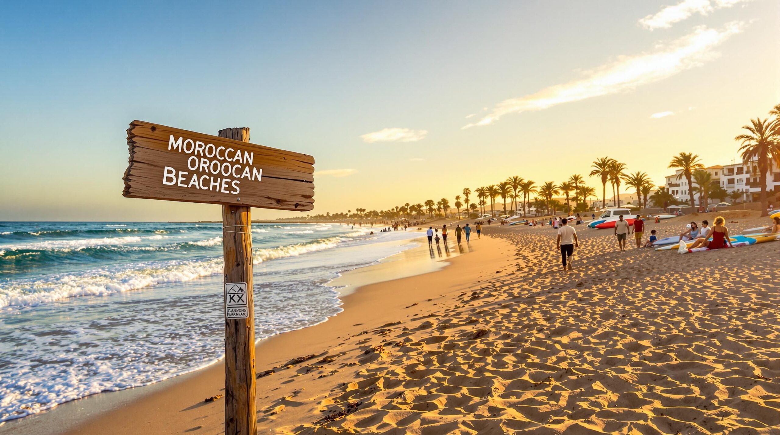 Travelers enjoying golden hour at a Moroccan beach with visible sign