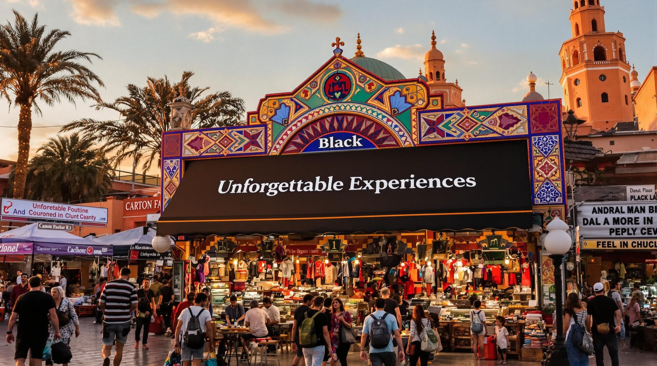 Travelers exploring Jemaa el-Fnaa square at sunset in Marrakech