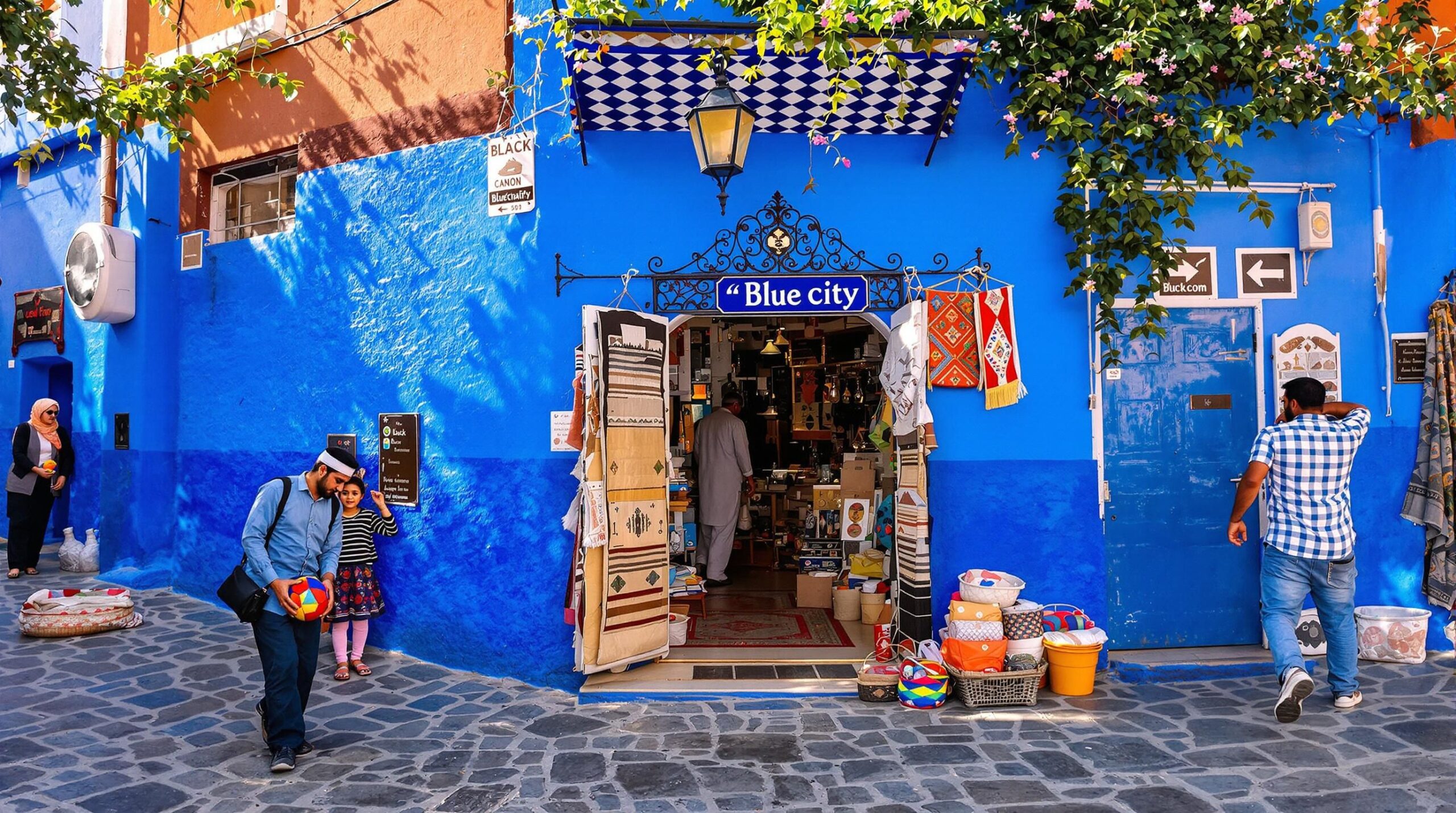 Local life in Chefchaouen blue medina street, people and shops