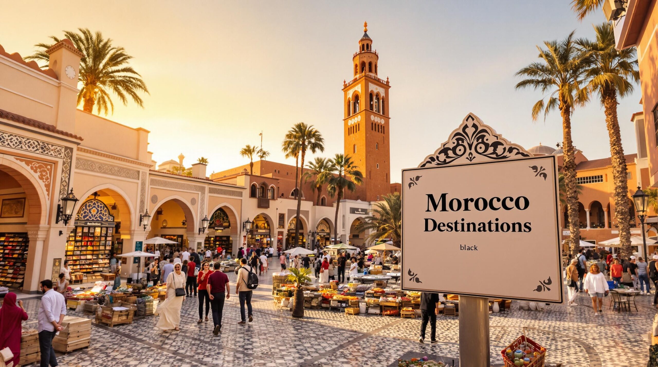 Bustling Moroccan city square at sunset with locals, tourists, historical architecture and 'Morocco Destinations' on tile sign