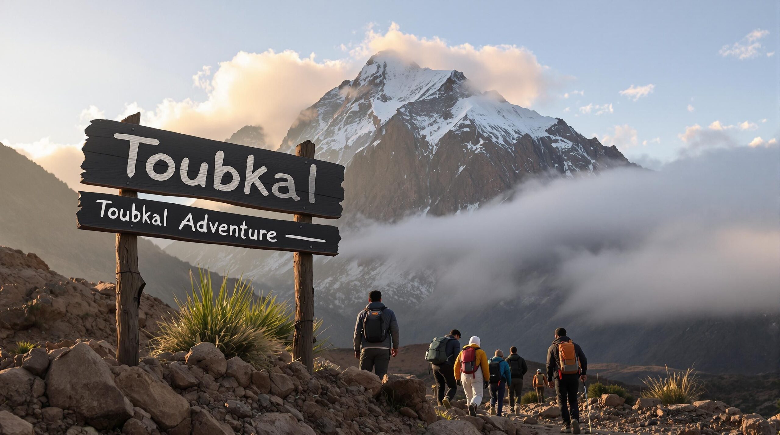 Trekkers and Berber guide at Mount Toubkal trailhead, Atlas Mountains