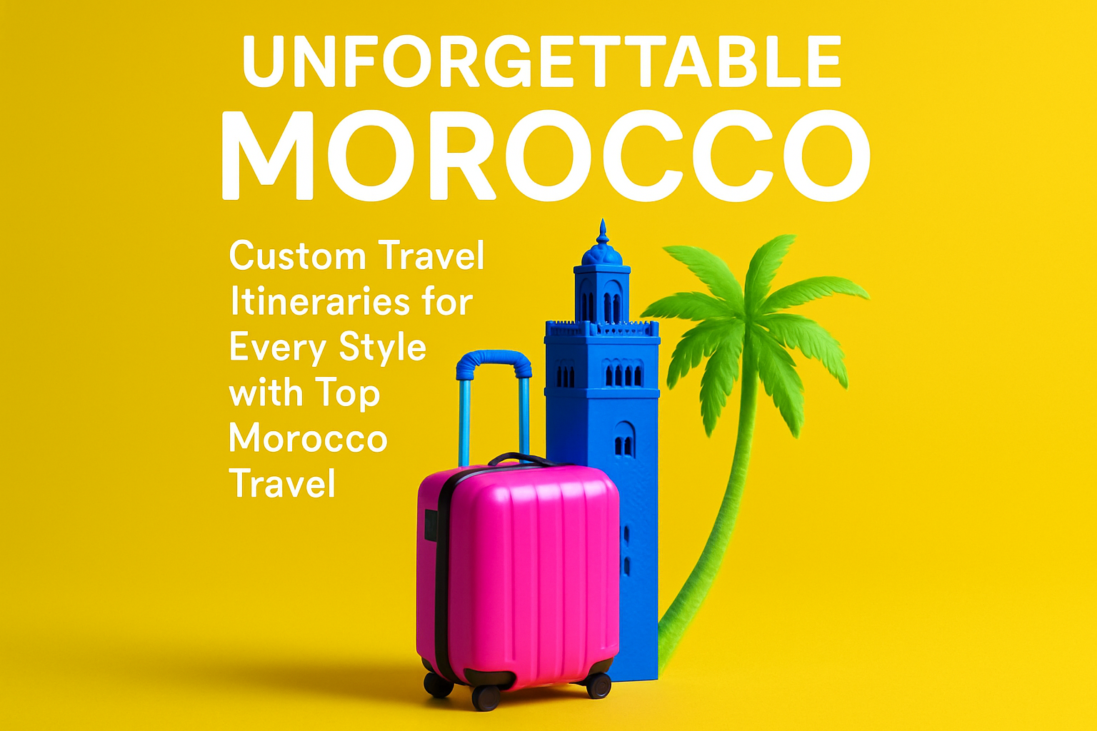 a pink suitcase and blue palm tree