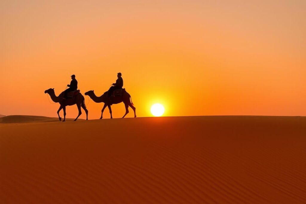Camel caravan crossing Sahara Desert dunes at sunset in Morocco