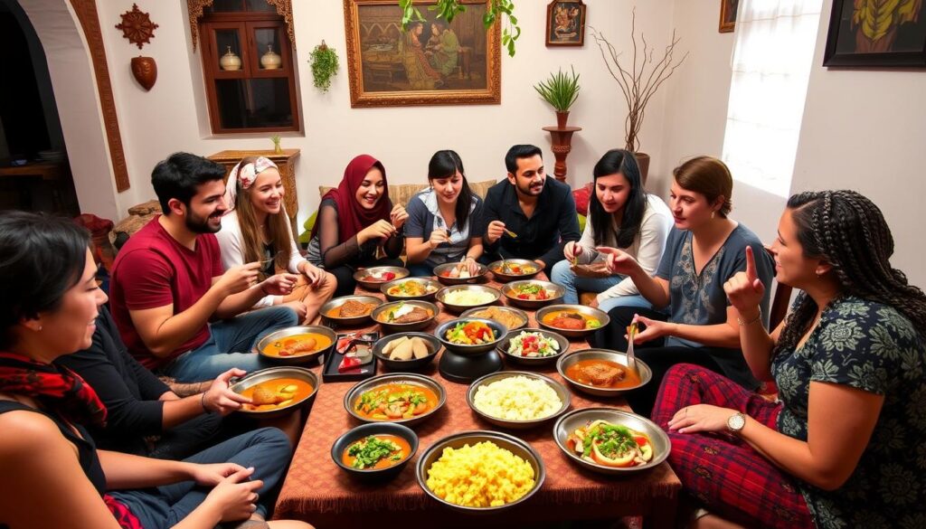 G Adventures tour group enjoying a traditional Moroccan meal