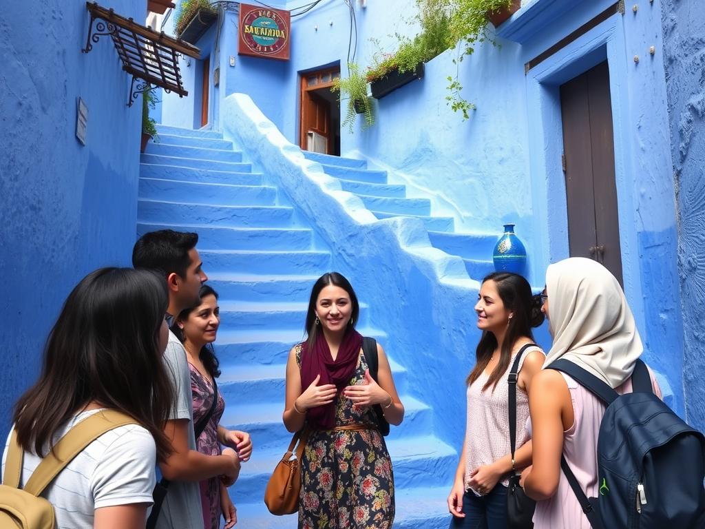 Group of tourists with local guide exploring the blue streets of Chefchaouen