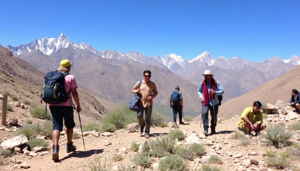 Hikers trekking through the High Atlas Mountains with local guide