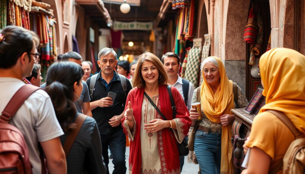 Intrepid Travel guide leading tourists through a Moroccan medina