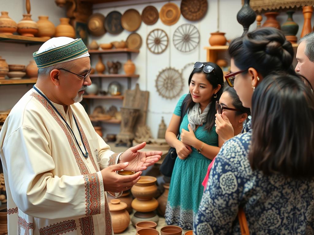Local Moroccan guide explaining traditional crafts to tourists