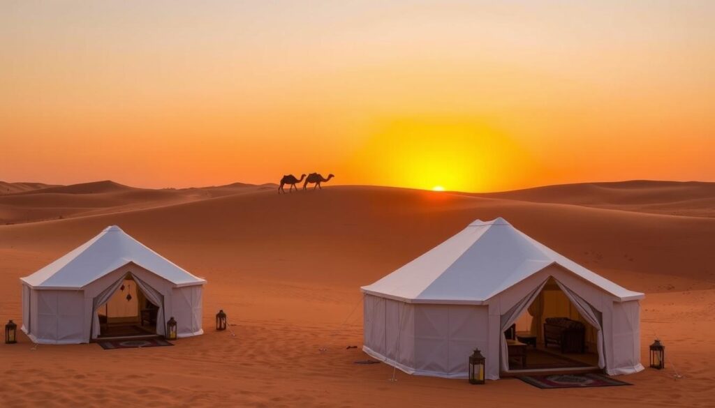 Luxury desert camp in Erg Chebbi with camels at sunset