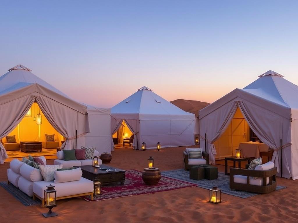 Luxury desert camp with elegant tents and traditional Moroccan decor in the Sahara