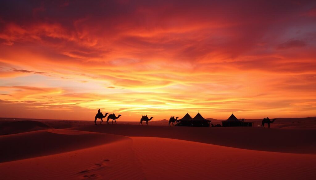Sunset over Moroccan desert camp with camels silhouetted against orange sky