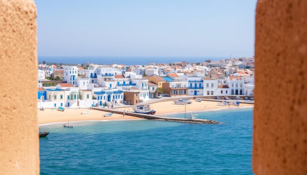 The blue and white coastal town of Essaouira with its historic port