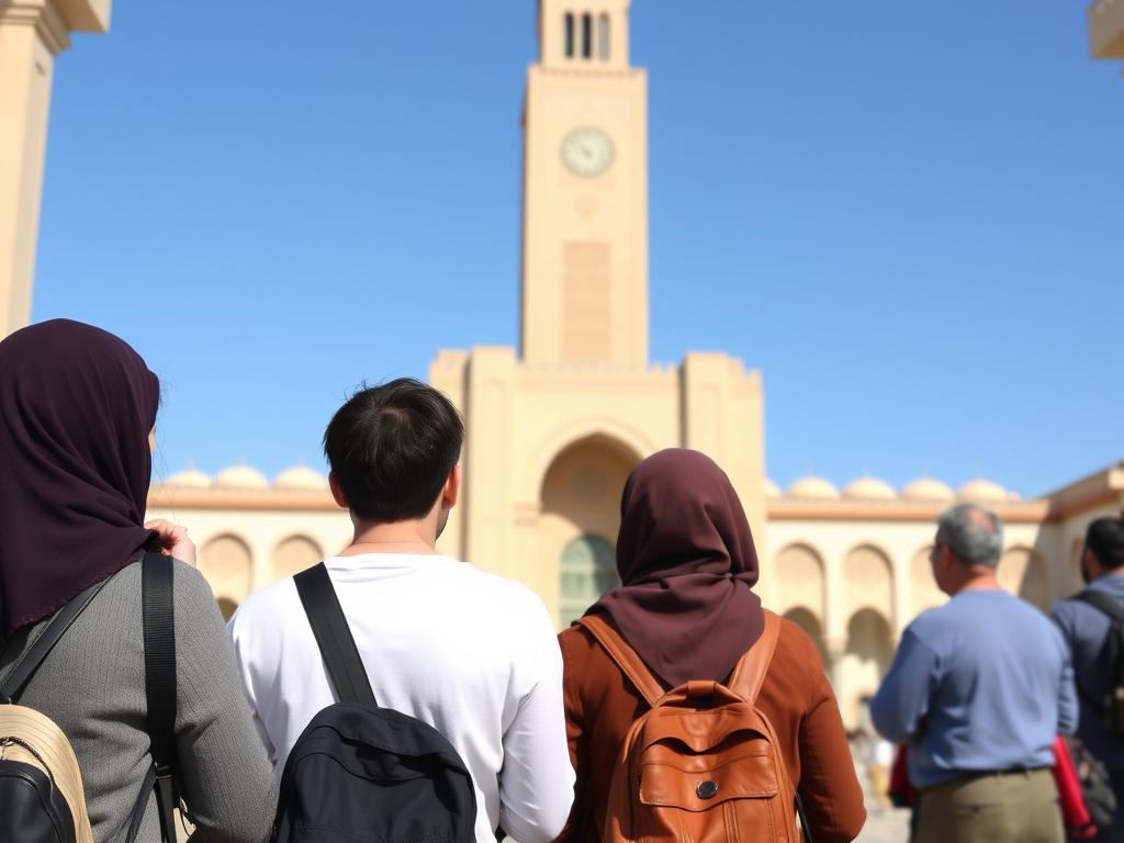 Tourists respectfully dressed visiting Hassan II Mosque in Casablanca