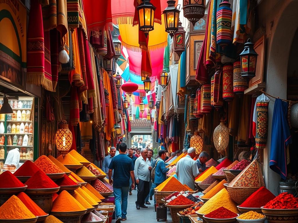 Vibrant Moroccan souk in Fes with colorful textiles and spices