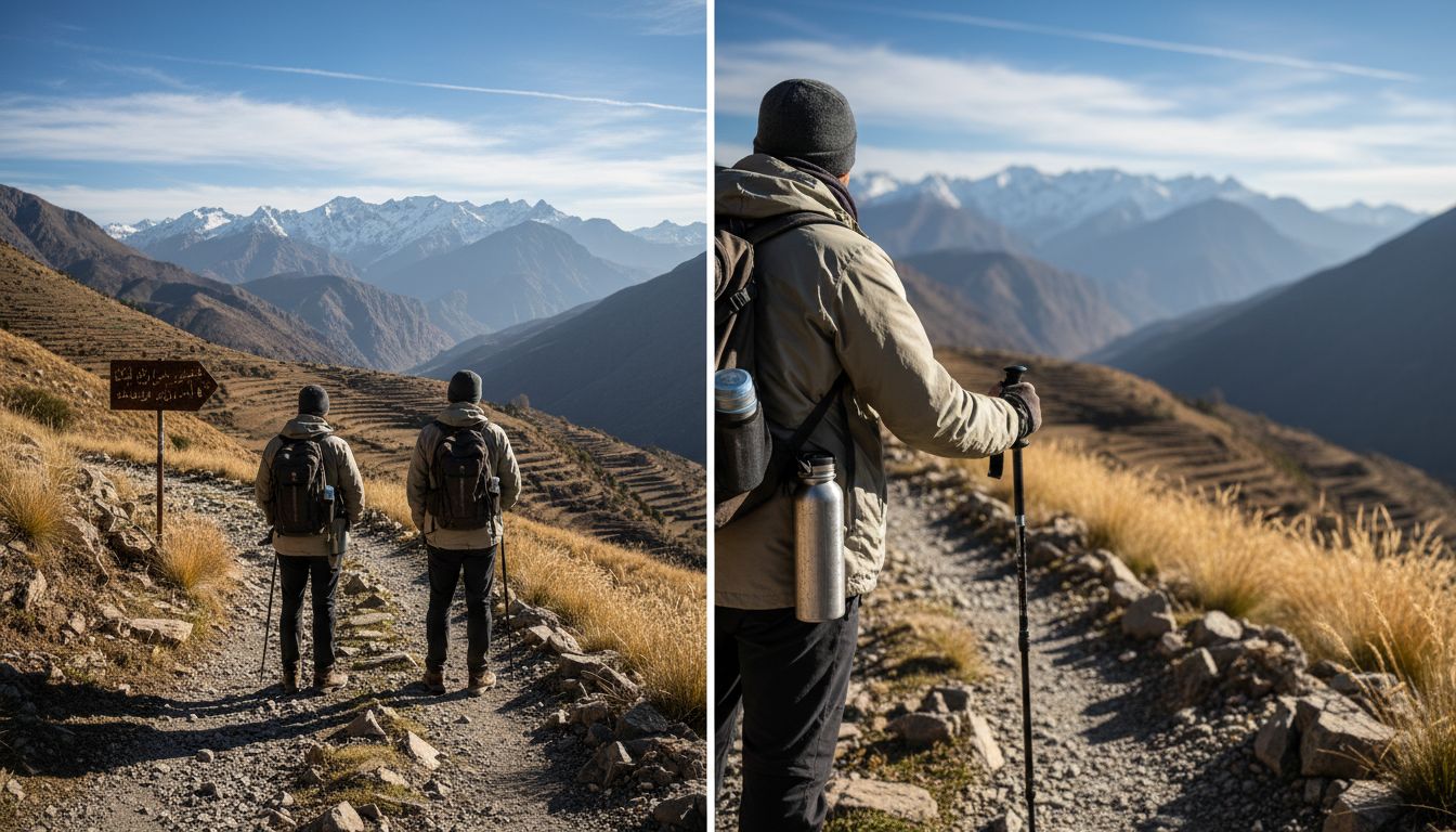 Hikers trekking rocky Atlas Mountains trail
