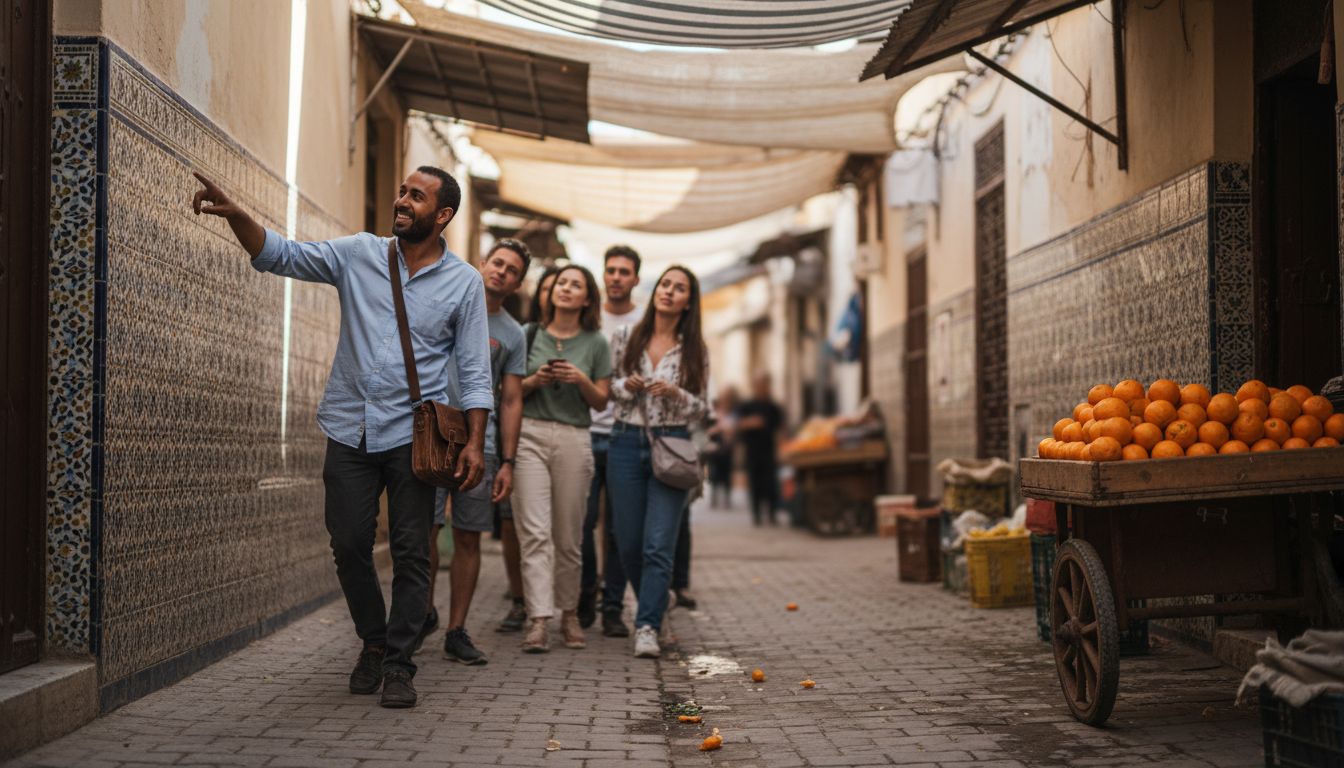 Tour guide leading travelers through Fes Medina
