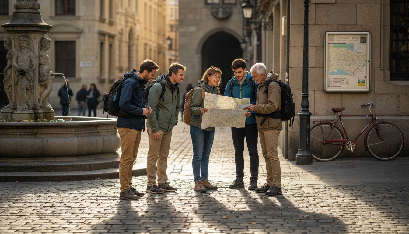 Small tour group with guide in city square