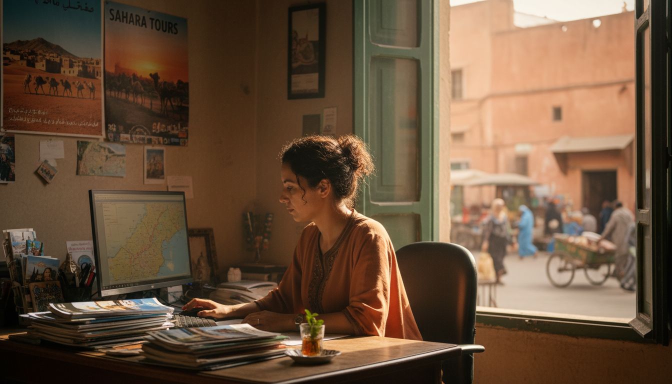 Moroccan travel agent works at busy desk