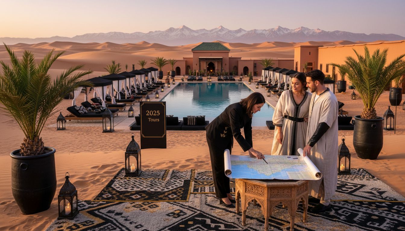 Luxury Morocco landscape with riad, desert and Atlas Mountains