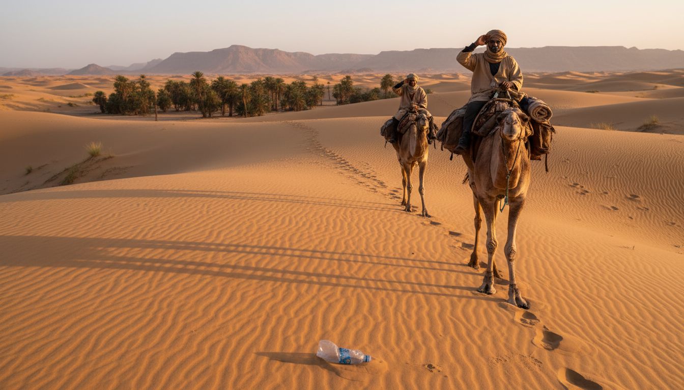 Travelers on camels crossing Moroccan desert dunes