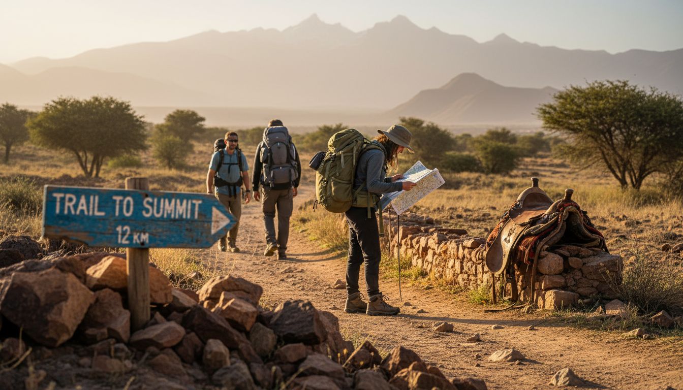 Hikers trekking along Atlas Mountains trail