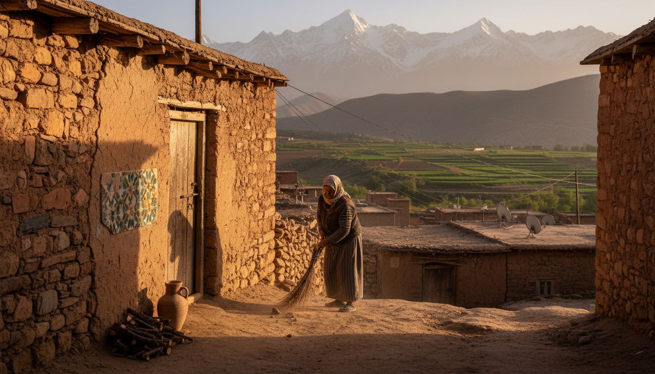 Berber woman sweeps mountain village at sunrise