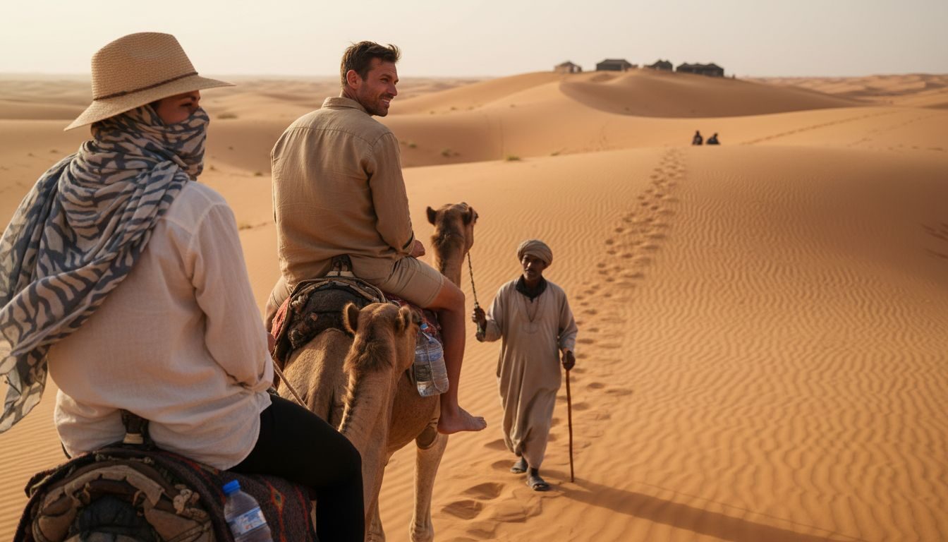 Couple camel trekking Sahara dunes Morocco