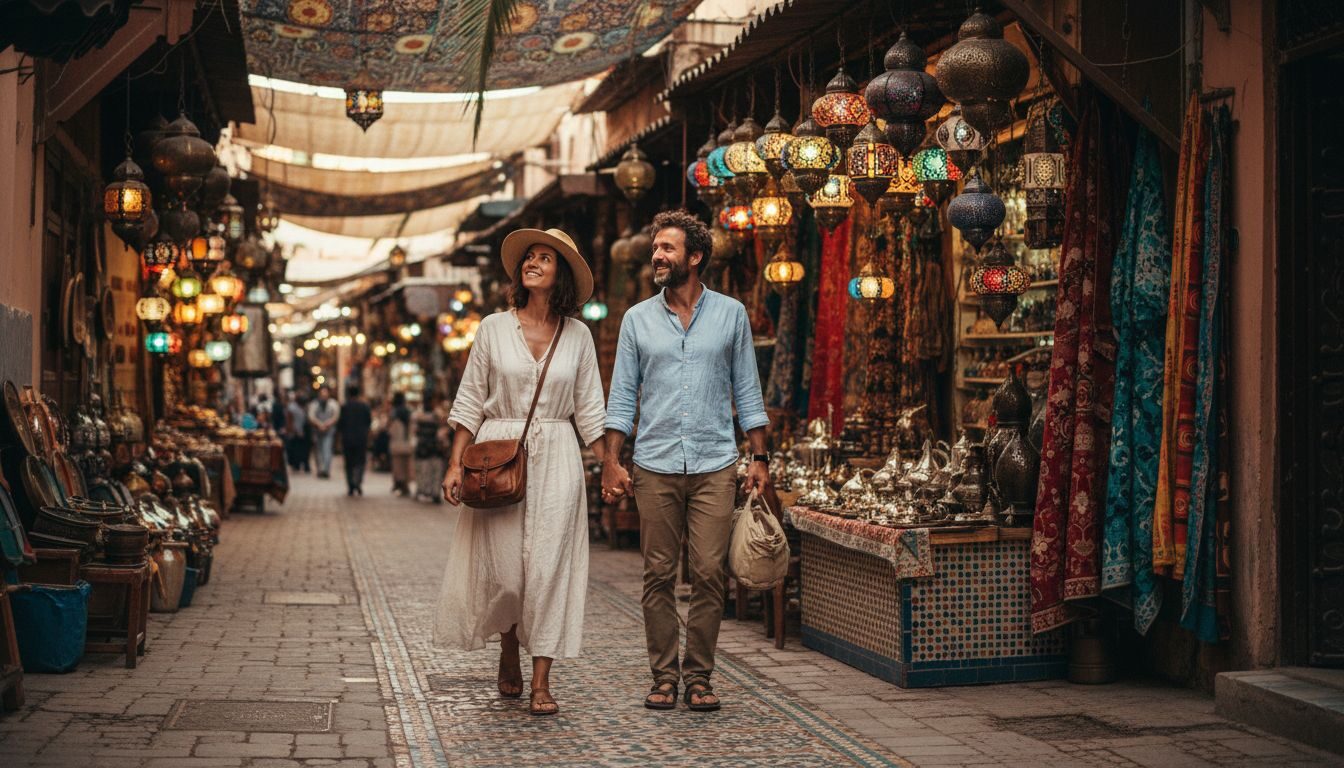 Couple walking in Morocco medina alley