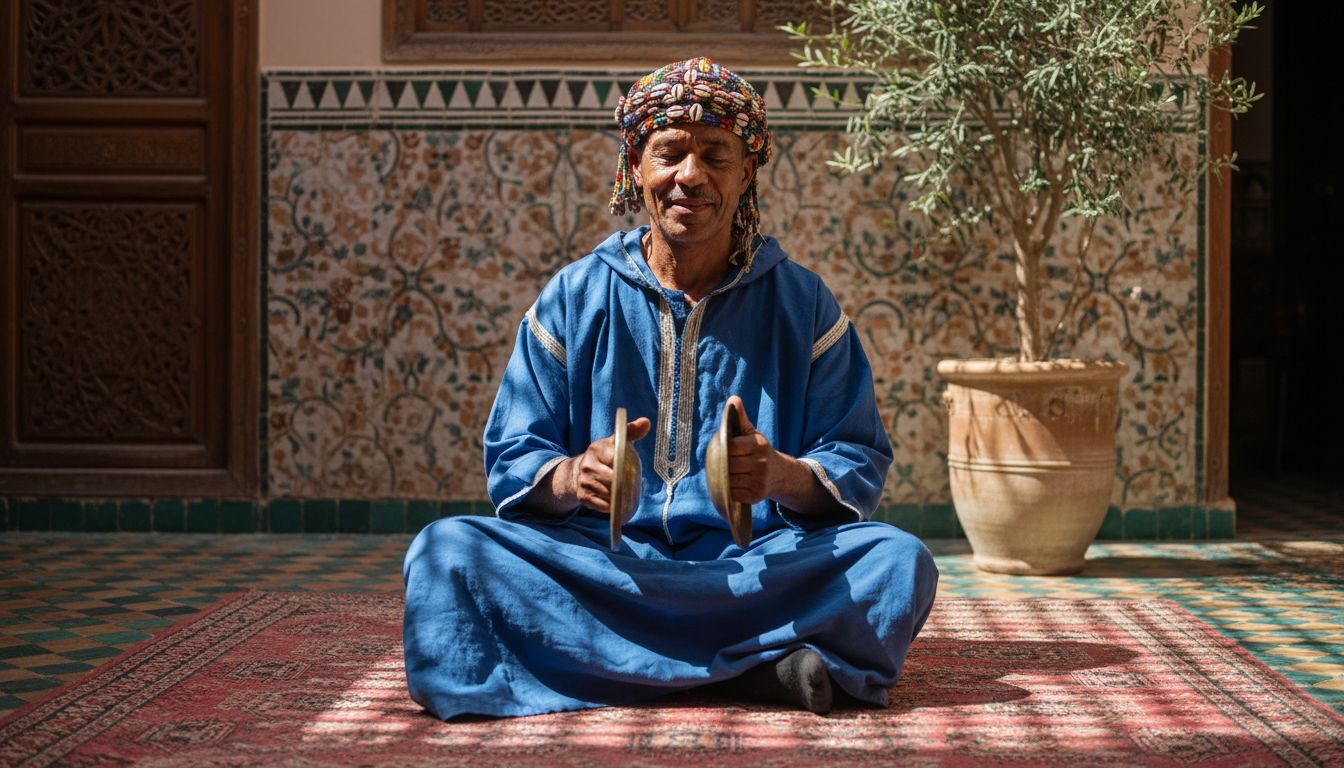 Gnawa musician playing in Marrakech riad