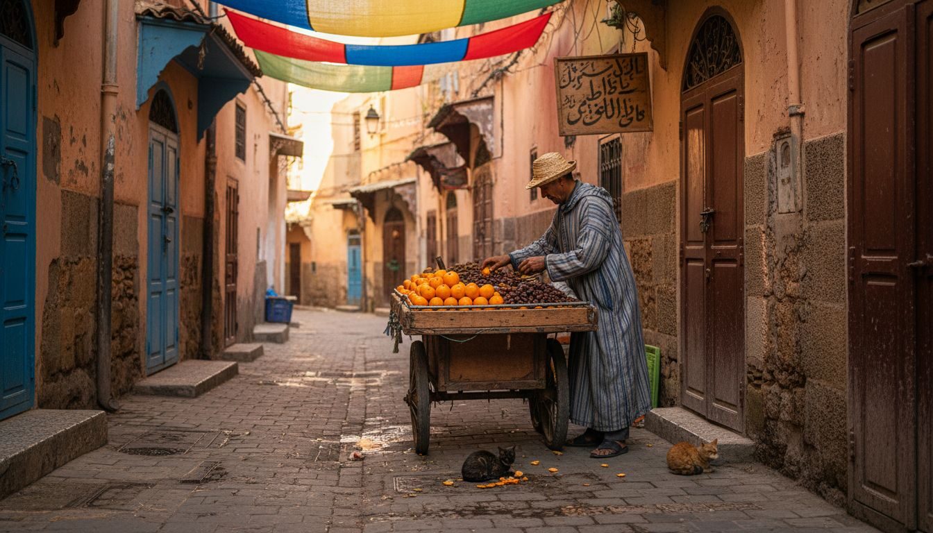Moroccan street vendor in busy medina market