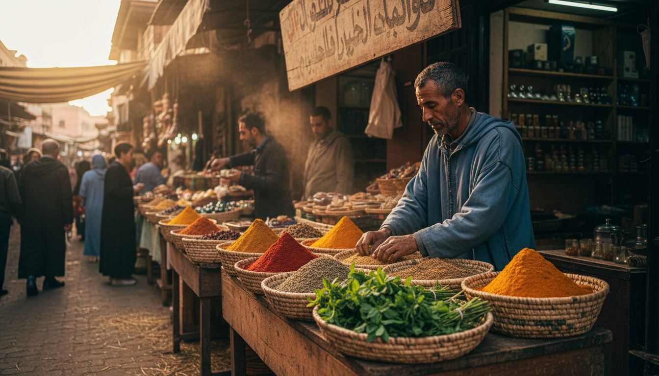 Moroccan vendor at colorful street market