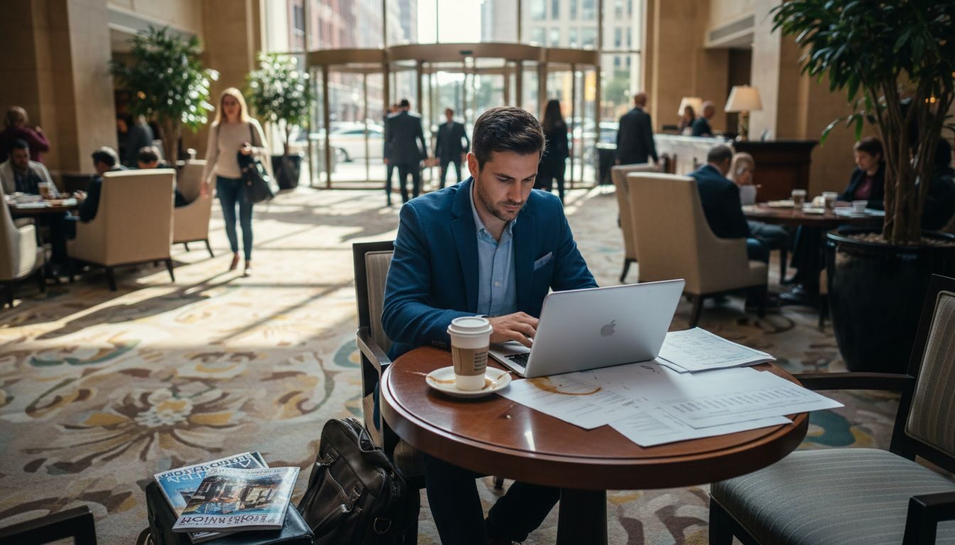 Consultant reviewing travel plans in hotel lobby
