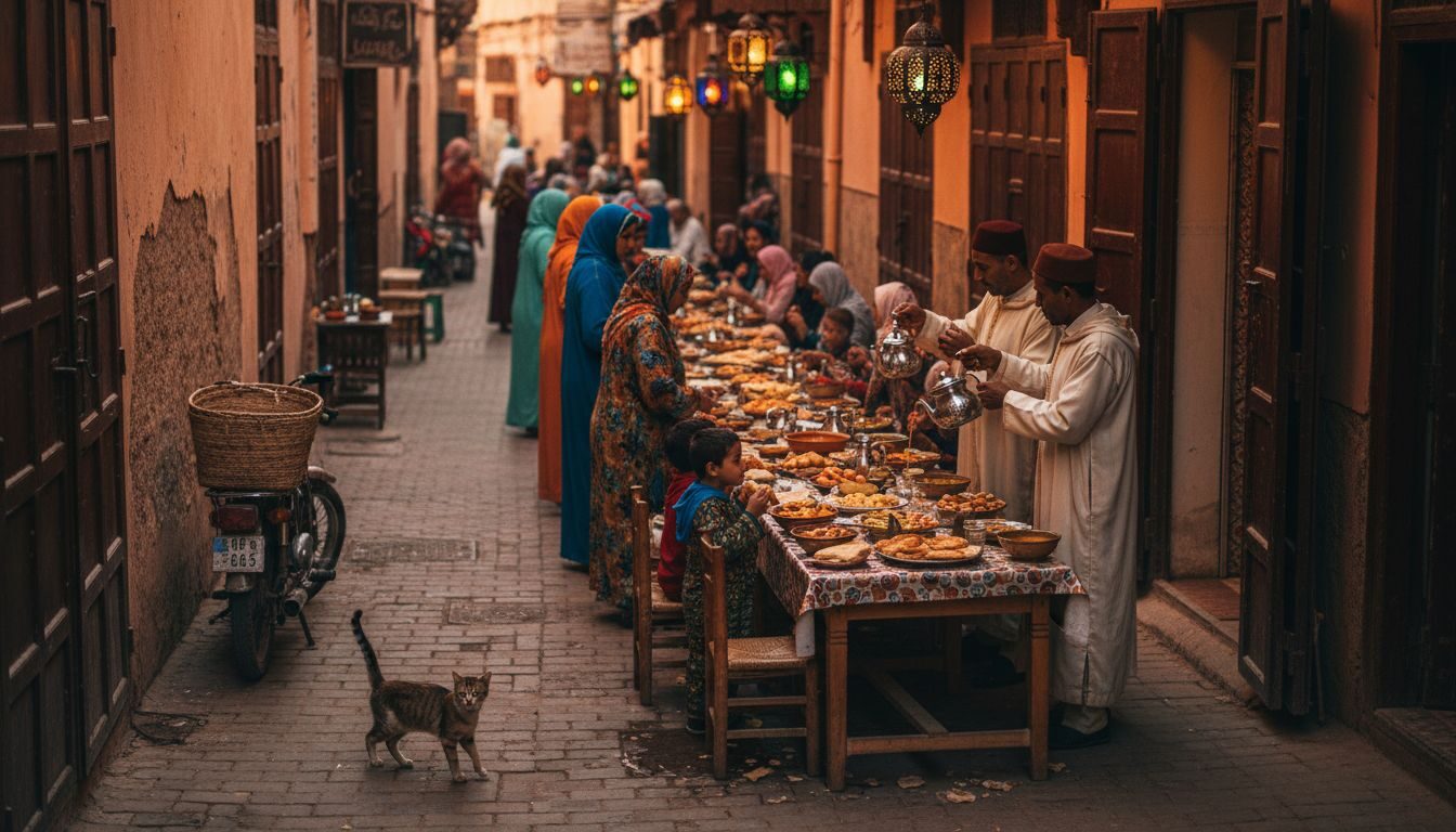 Moroccan families sharing iftar in city street