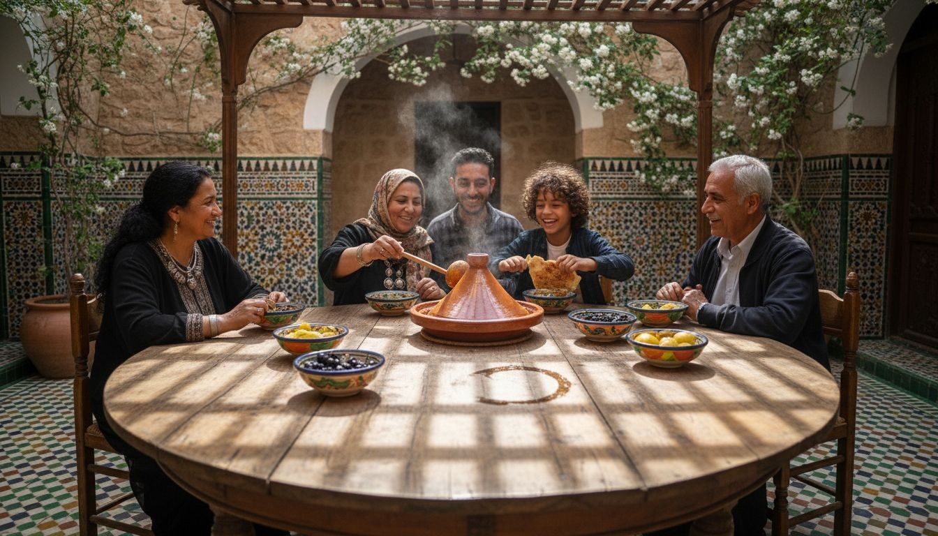 Moroccan family sharing meal around table