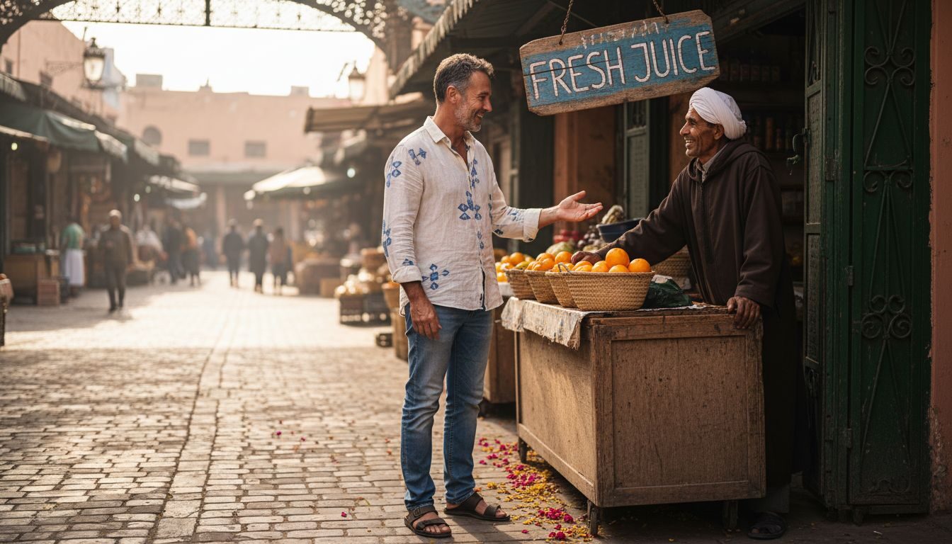 Traveler speaking with local vendor outdoors