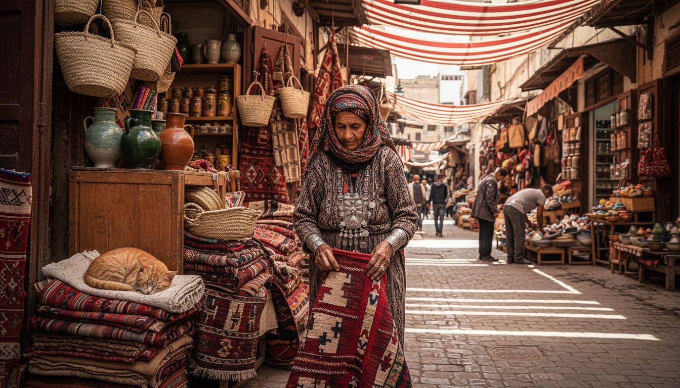 Amazigh woman selling rugs at Moroccan market