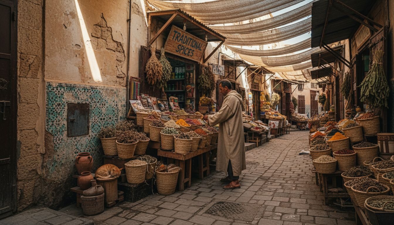 Moroccan shopkeeper arranging spices in medina