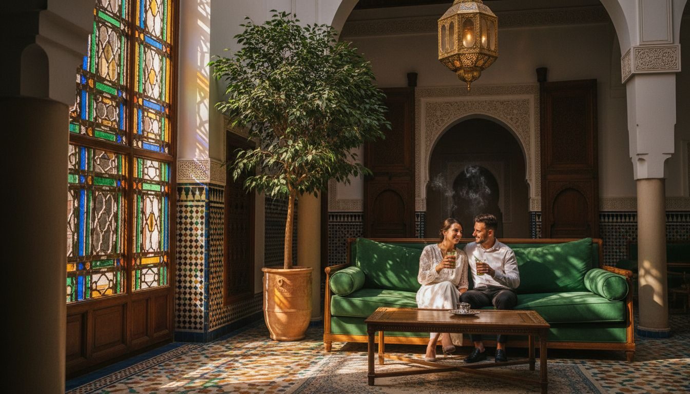 Couple enjoying luxury riad courtyard